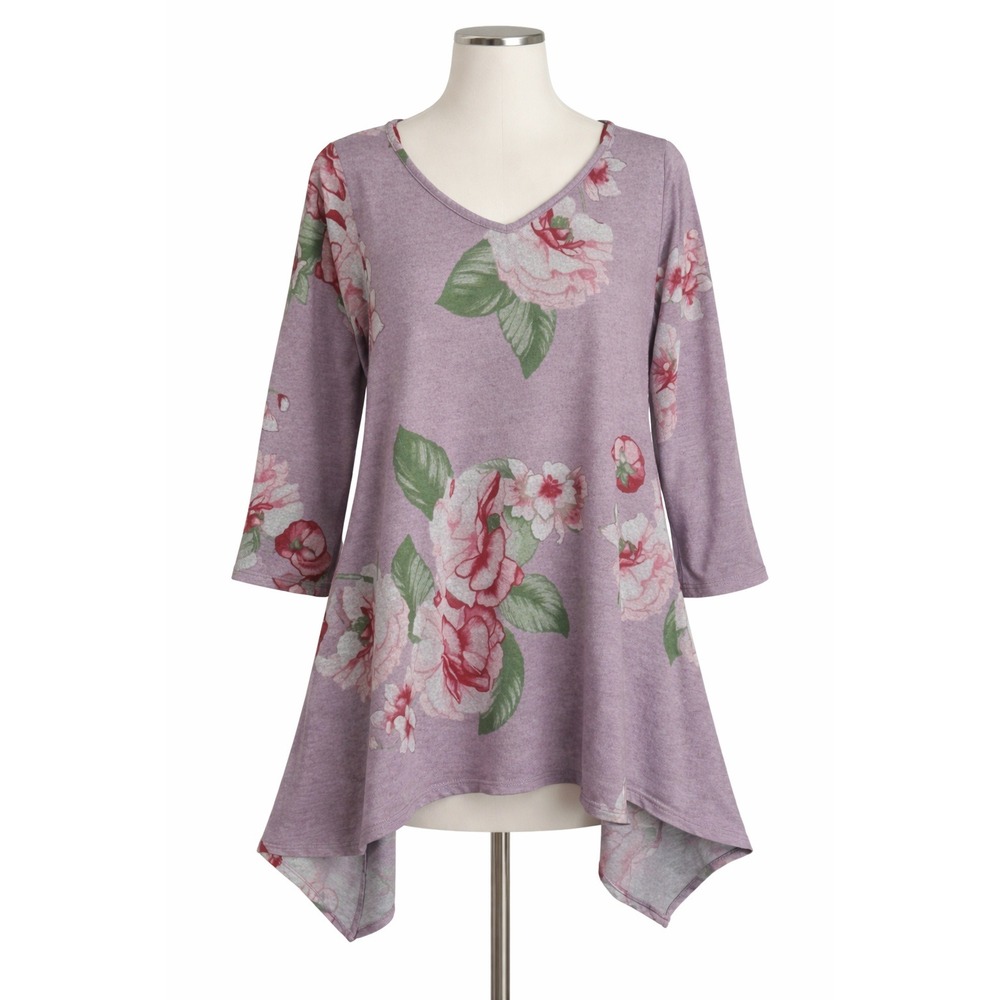 Floral V-Neck Tunic Top XL Mauve Purple Asymmetrical Hem Flowy Boho Lagenlook